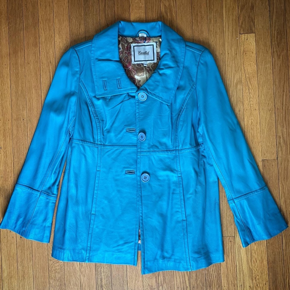 Aqua blue Y2K leather jacket